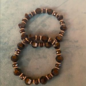 Black faceted bead stretch bracelets. Set of 2